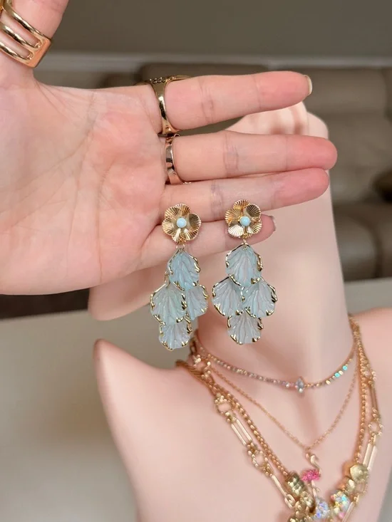 Gold-Tone Blue Leaf Drop Earrings - Picture 8 of 9